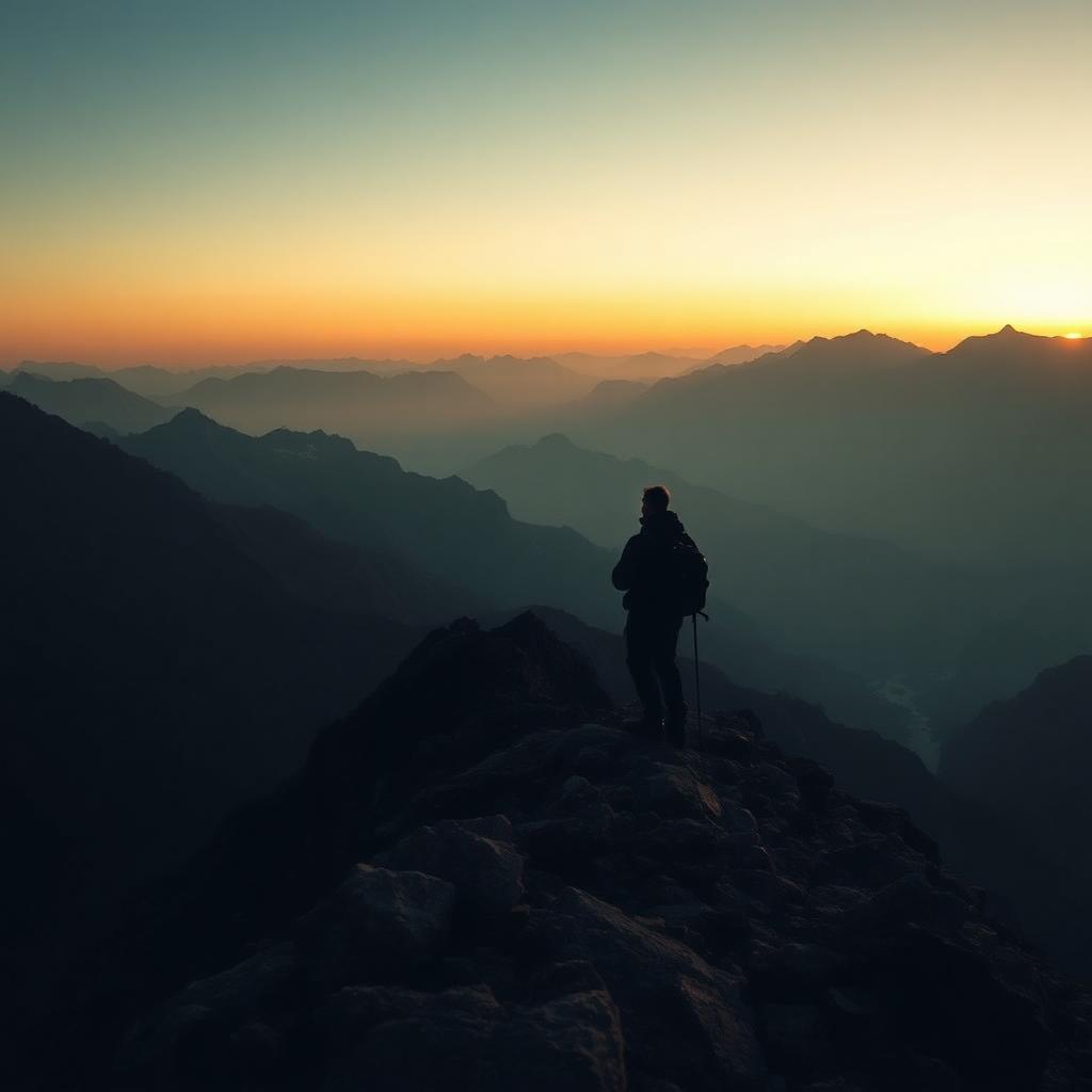 Hiker on an alpine ridge at golden hour overlooking layered mountain ranges