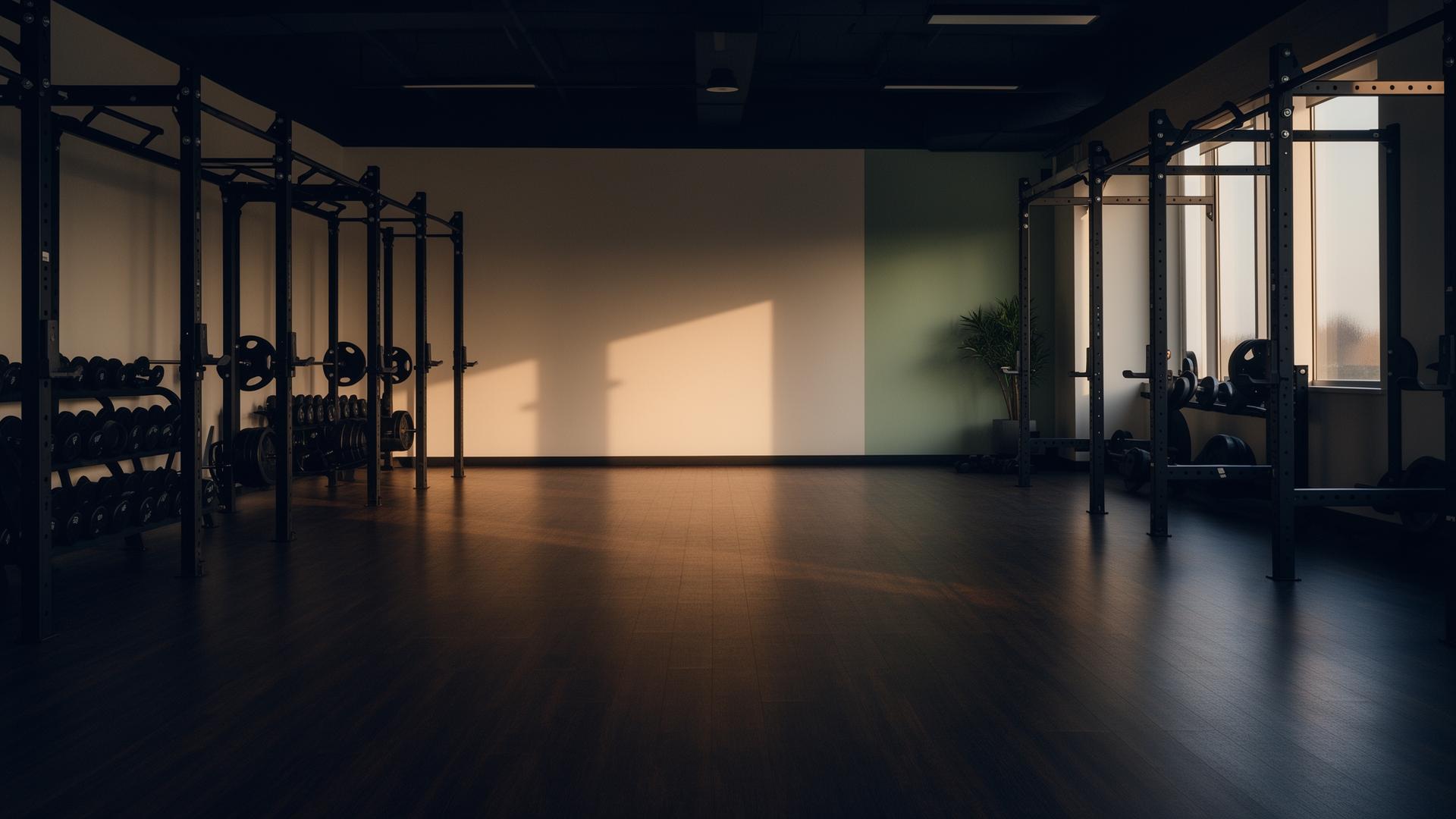 Empty premium fitness studio at dawn with soft window light